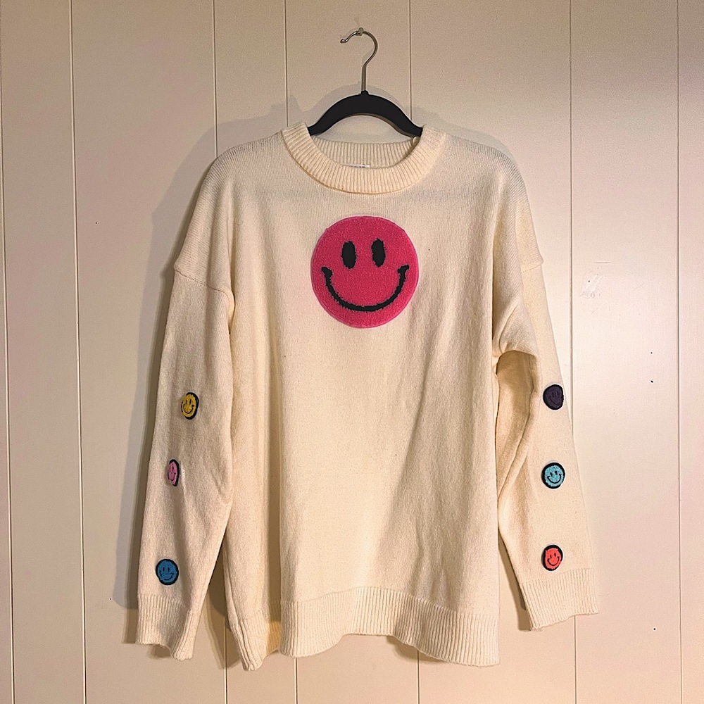 Oversized Smiley Face Sweater- Ivory